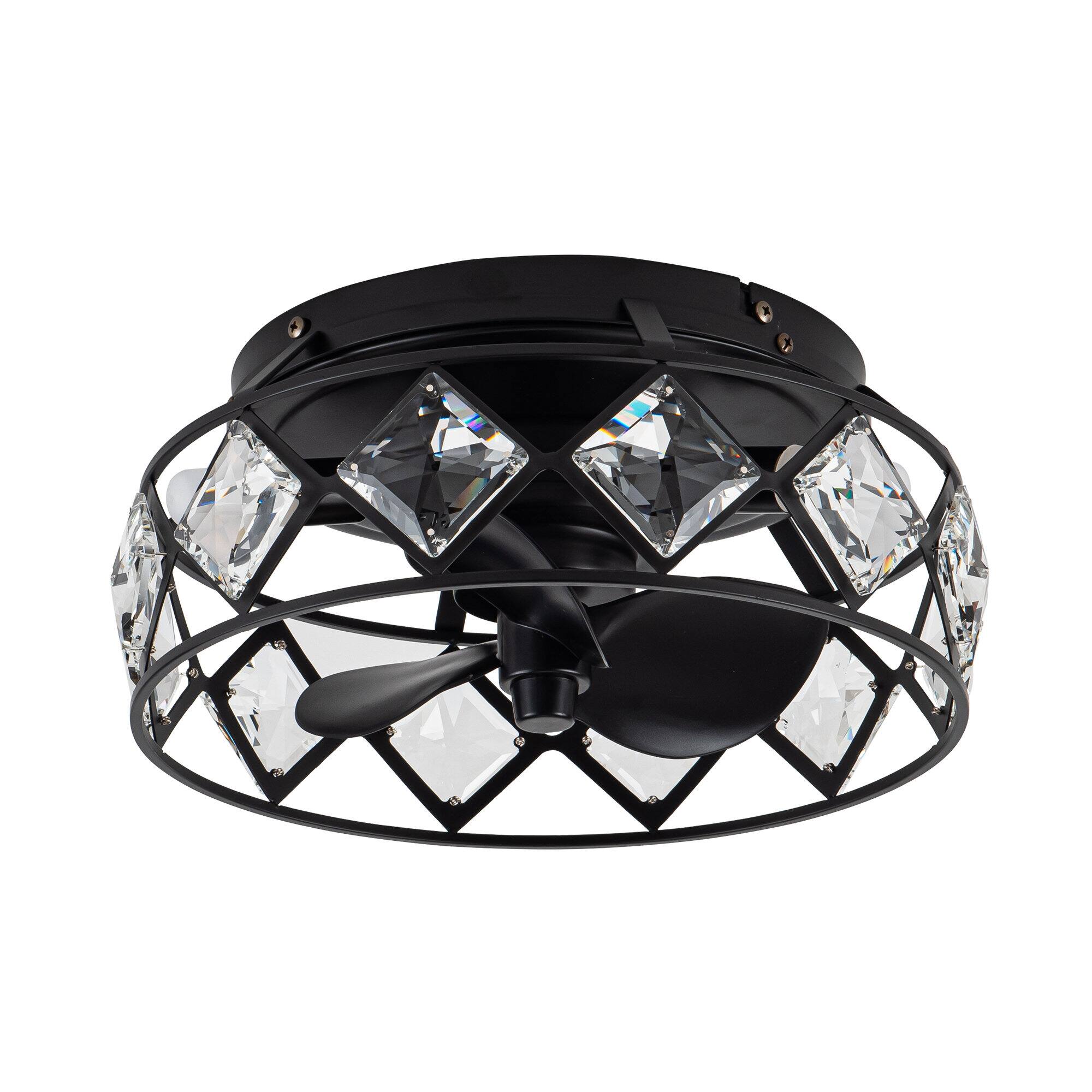 Alt View 5. Parrot Uncle - 12" Modern Black Crystal Ceiling Fan with LED Light and Remote - Matte Black.