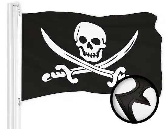 Front. G128 - Pirate Jolly Roger Swords Flag - 2 x 3 ft Embroidered 300D Polyester with Brass Grommets. - Assorted Colors.