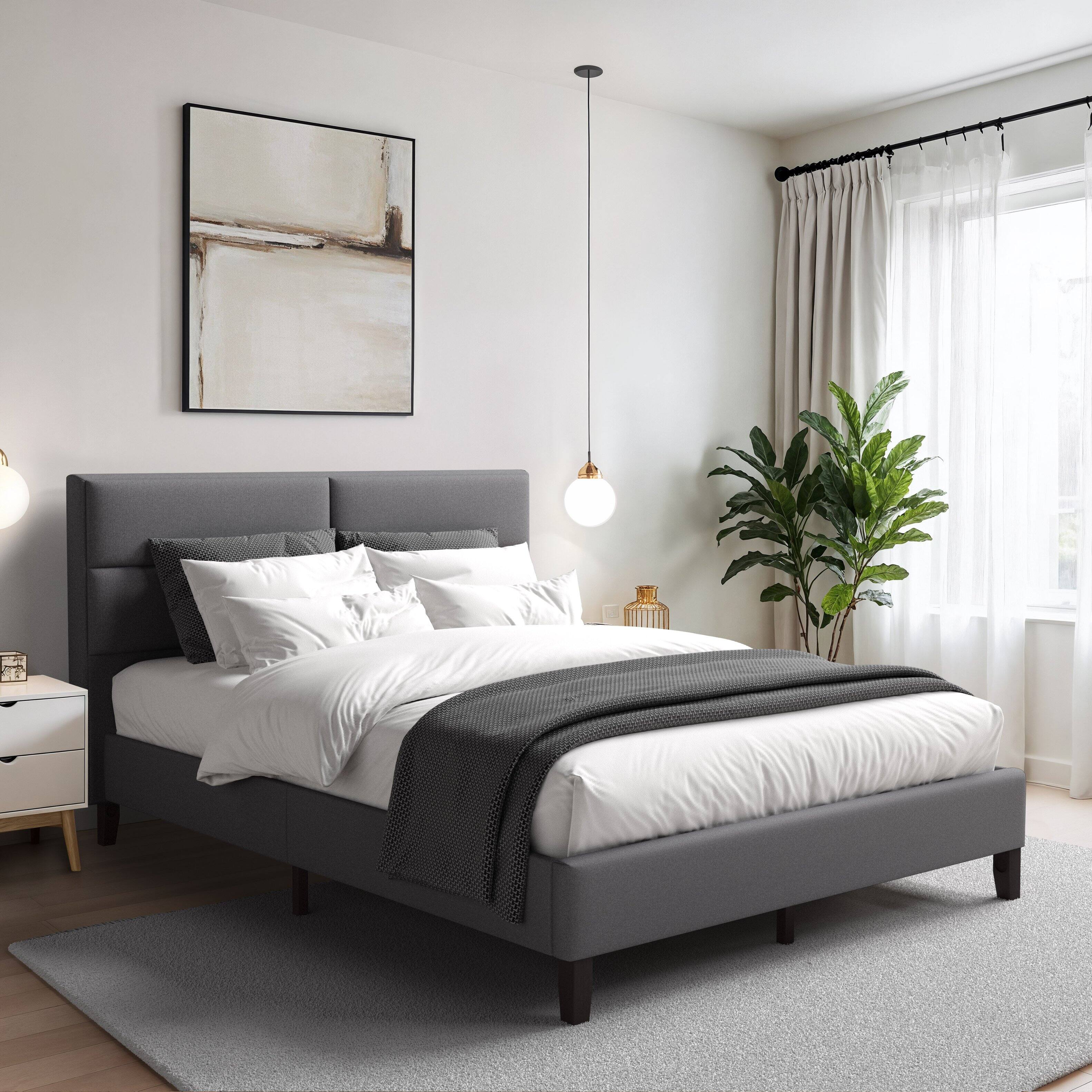 Left. CorLiving - CorLiving Emerson Light Grey Upholstered Twin Platform Bed Frame with Rectangle Tufted Headboard and Slats - Light Grey.
