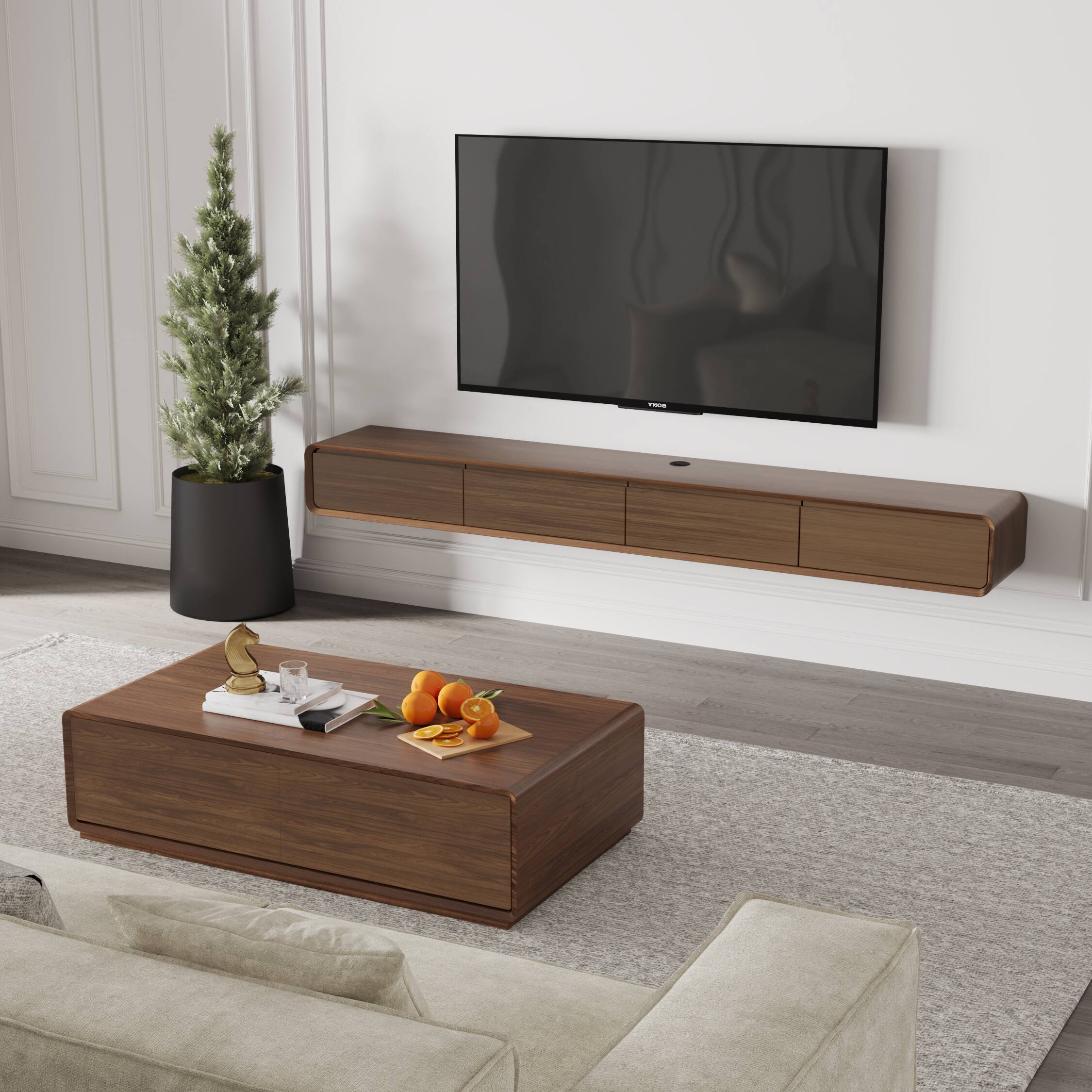Alt View 8. POVISON - 51" Rectangular Wood Coffee Table with Storage, Mid-Century Modern Coffee Table with 4 Drawers, Fully-Assembled, Walnut - Walnut Color.