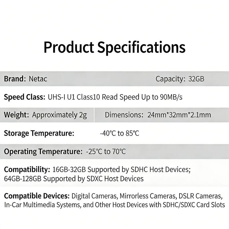 Product Specifications

Brand: Netac  
Capacity: 32GB  

Speed Class: UHS-I U1 Class10 Read Speed Up to 90MB/s  

Weight: Approximately 2g  
Dimensions: 24mm x 32mm x 2.1mm  

Storage Temperature: -40°C to 85°C  
Operating Temperature: -25°C to 70°C  

Compatibility: 16GB-32GB Supported by SDHC Host Devices; 64GB-128GB Supported by SDXC Host Devices  

Compatible Devices: Digital Cameras, Mirrorless Cameras, DSLR Cameras, In-Car Multimedia Systems, and Other Host Devices with SDHC/SDXC Card Slots