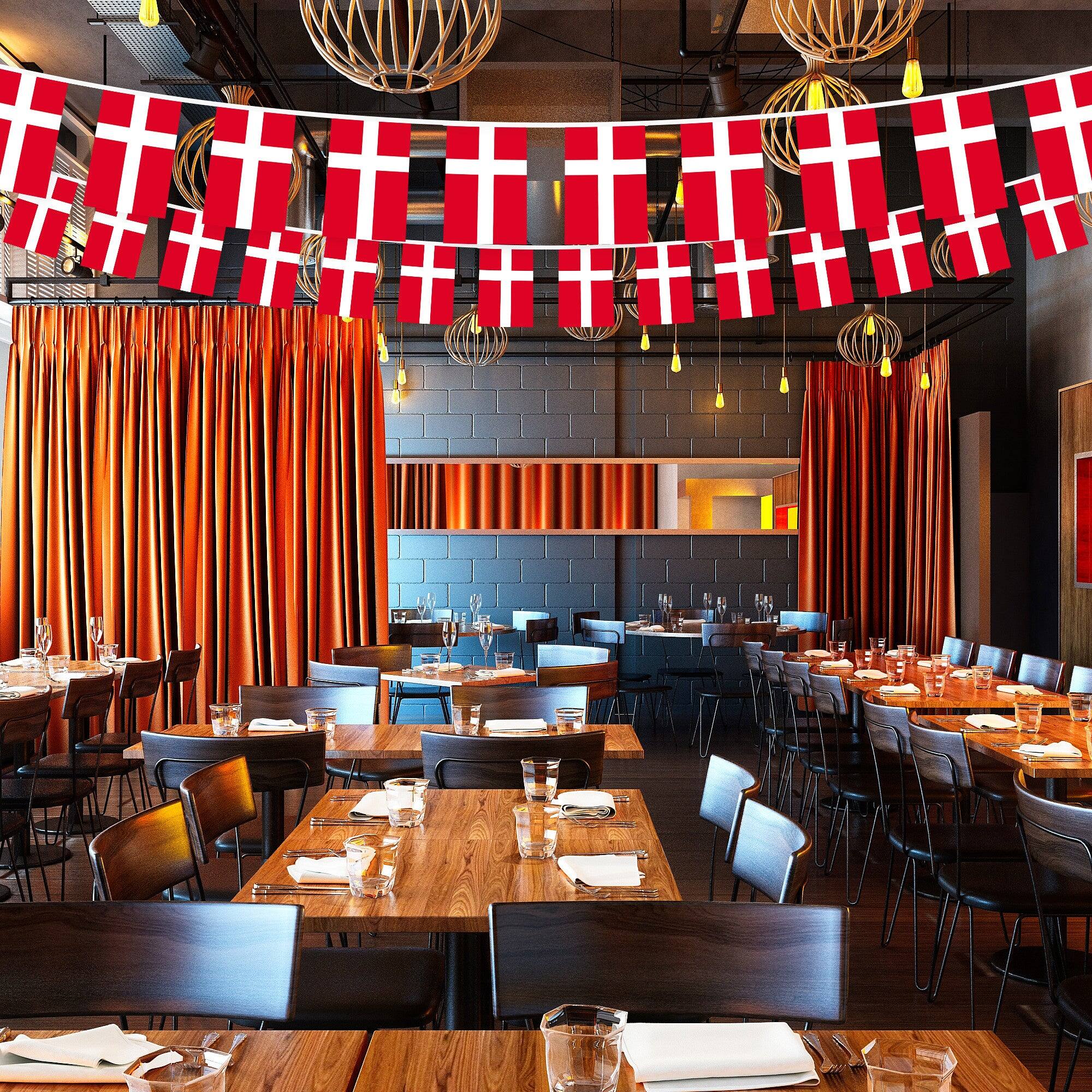 Alt View 1. G128 - Denmark Flag Bunting - 38 Mini Flags on 33 ft String, 150D Polyester (8.2 x 5.5 in). - Assorted Colors.