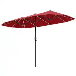 Costway - 13 FT Large Patio Umbrella with LED Solar Lights Crank Handle 12 Heavy-Duty Ribs - Wine