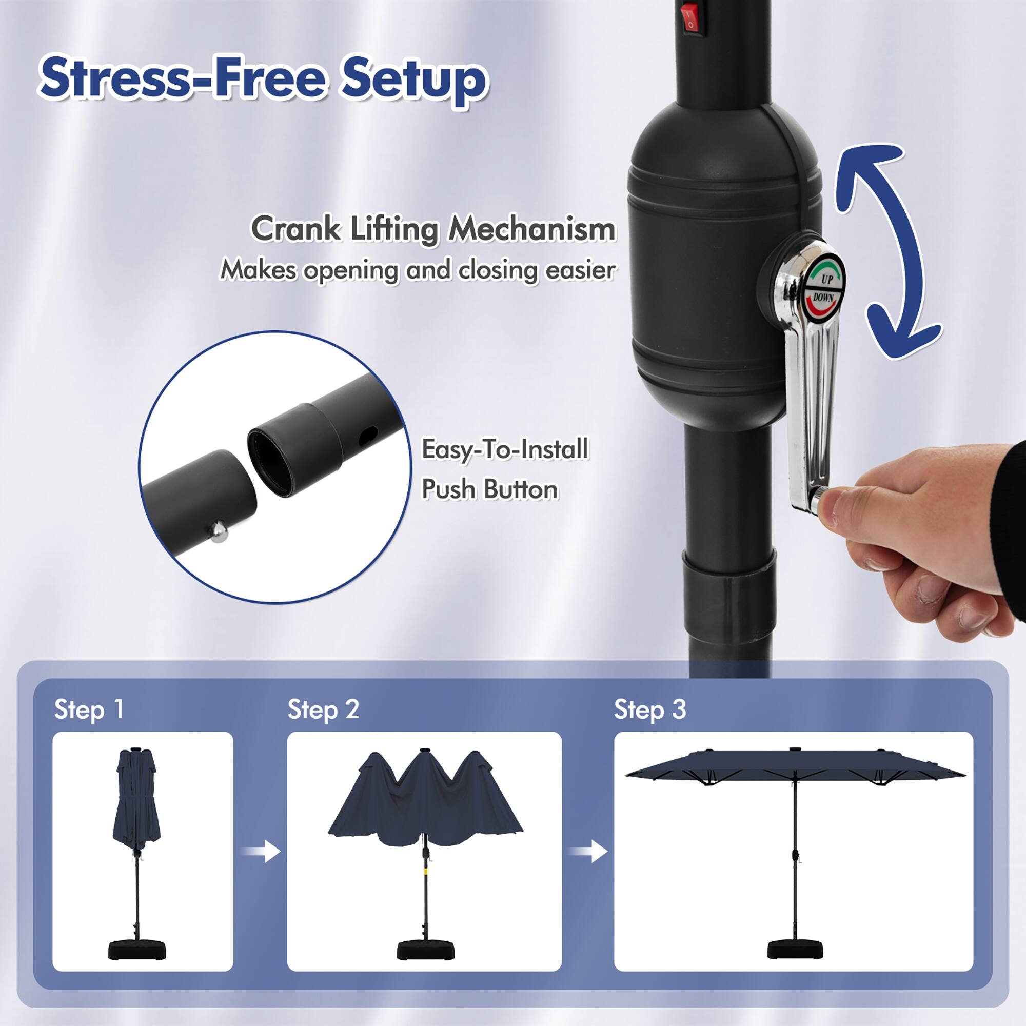 Stress-Free Setup

Crank Lifting Mechanism  
Makes opening and closing easier

Easy-To-Install Push Button

Step 1  
Step 2  
Step 3