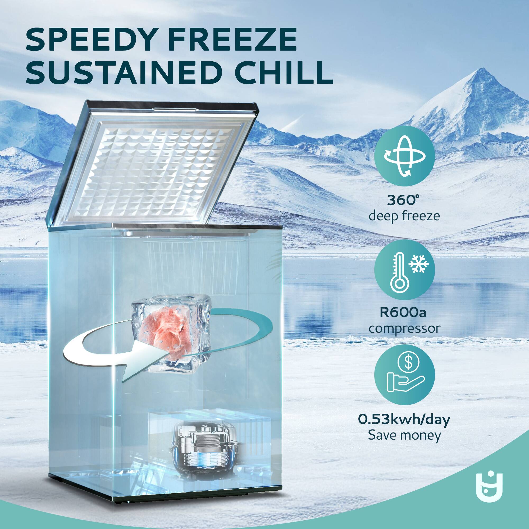 SPEEDY FREEZE  
SUSTAINED CHILL  

360° deep freeze  
R600a compressor  
0.53kwh/day Save money