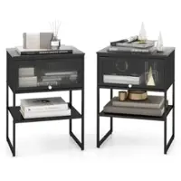 Costway 2 PCS Home Nightstand 3-Tier Storage Table with Door Open Shelf Heavy-duty Metal Frame - Black - Front_Zoom