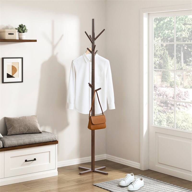 Left. ALEXOUN - Solid Wood Coat Rack - 9 Hooks Entryway Stand, Modern Home Furniture with X-Shaped Base, Rack for Small Space - Brown.