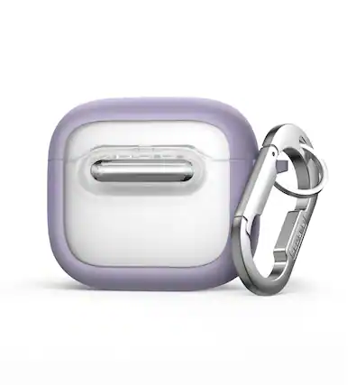 Front. SURITCH - Case for AirPods 4 Earbuds, Compatible with MagSafe, Rugged Protective Cover with Secure Lock & Carabiner & Cleaning Kit - Purple.