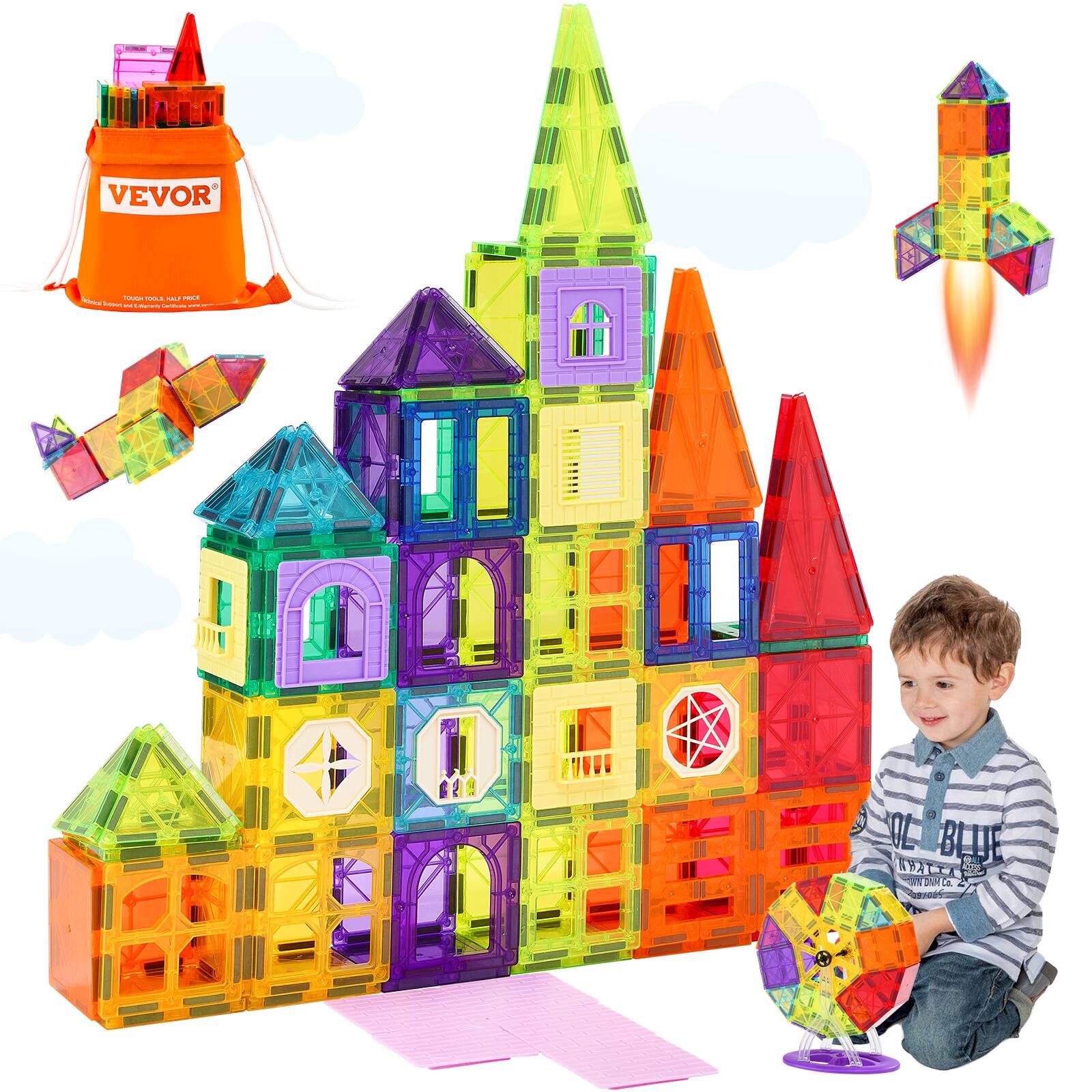 VEVOR - Magnetic Tiles, 181 PCS Magnetic Building Blocks for Kids, Magnet Building Set with Car Bases/Ferris Wheel/Letter - colorful