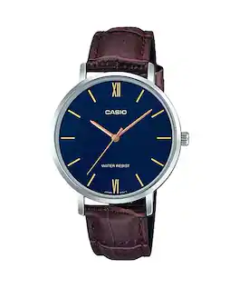 Casio - Women’s Blue Dial Leather Strap Watch - LTP-VT01L-2BUDF - Brown