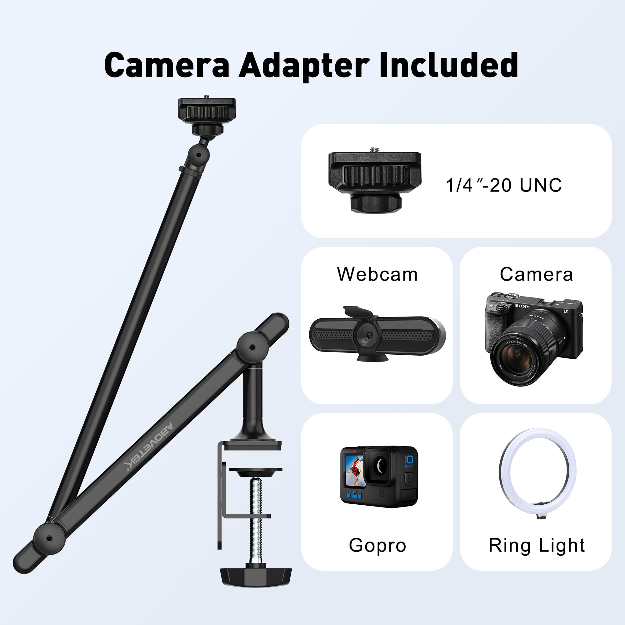 Camera Adapter Included

1/4"-20 UNC

Webcam

Camera

Gopro

Ring Light