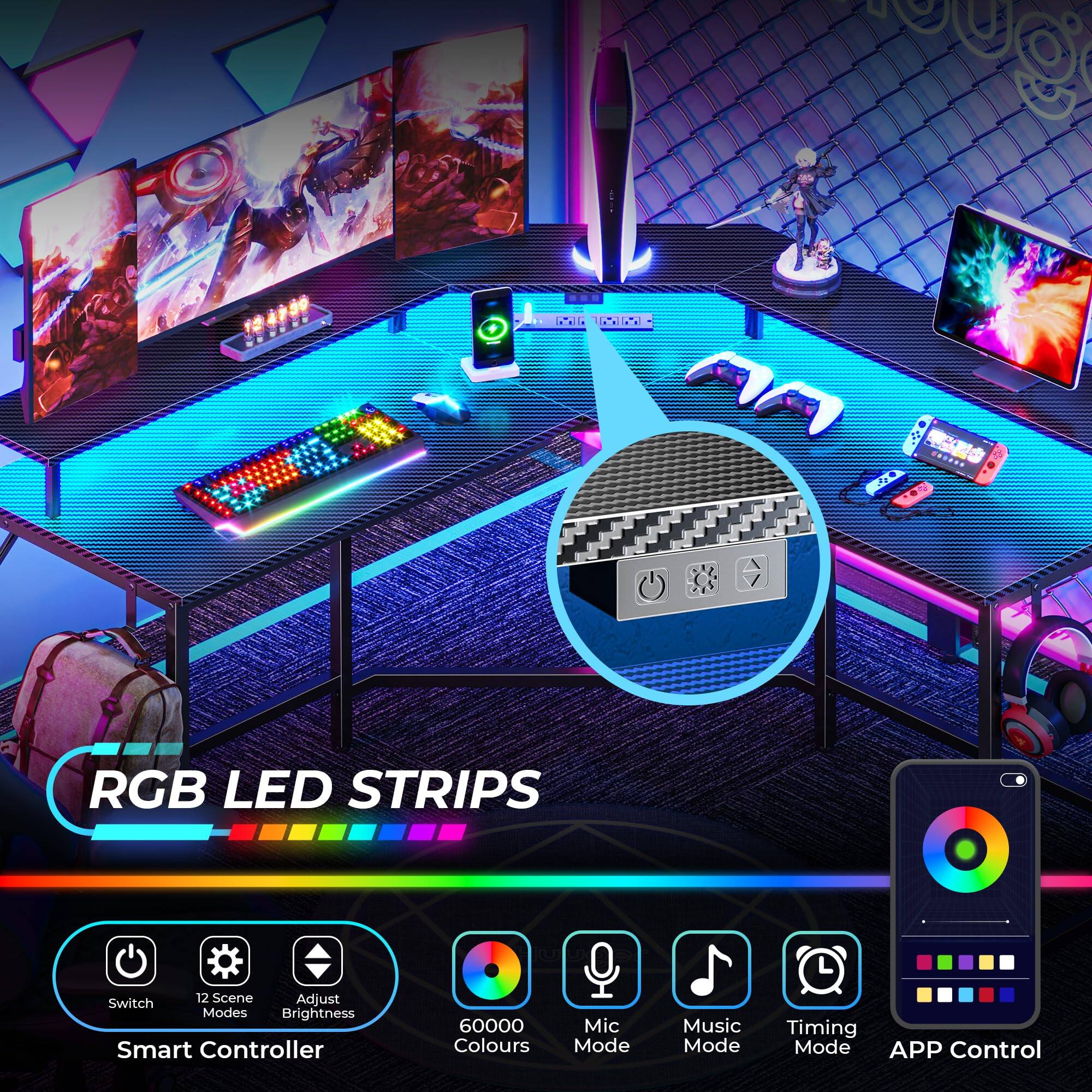 Hirose Alice Huuger L Shaped Gaming Desk with Power Outlets & LED