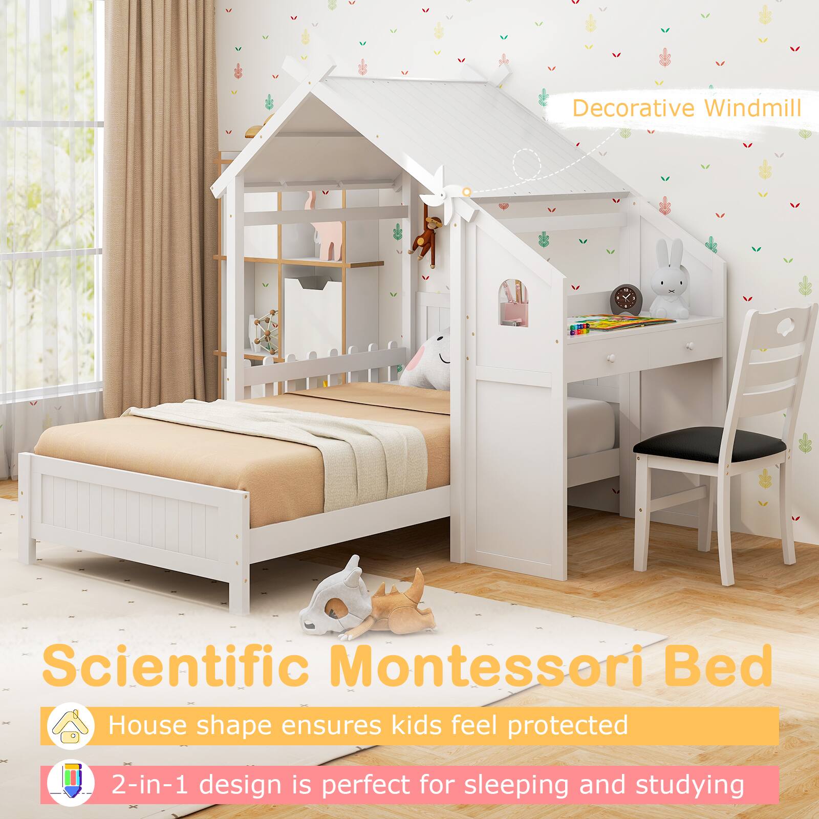 Decorative Windmill

Scientific Montessori Bed

- House shape ensures kids feel protected
- 2-in-1 design is perfect for sleeping and studying