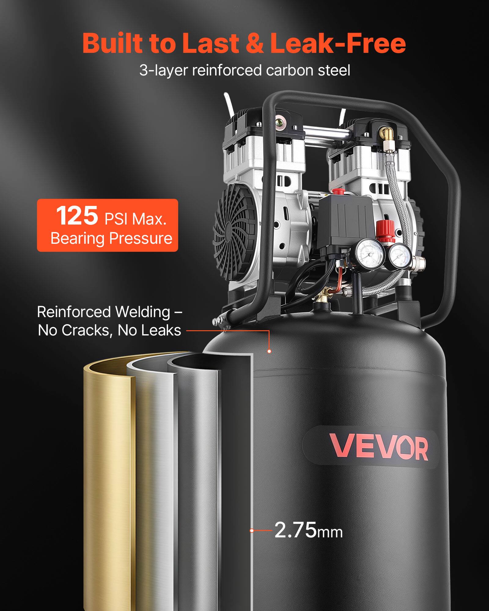 Built to Last & Leak-Free  
3-layer reinforced carbon steel  
125 PSI Max. Bearing Pressure  
Reinforced Welding - No Cracks, No Leaks  
VEVOR  
2.75mm