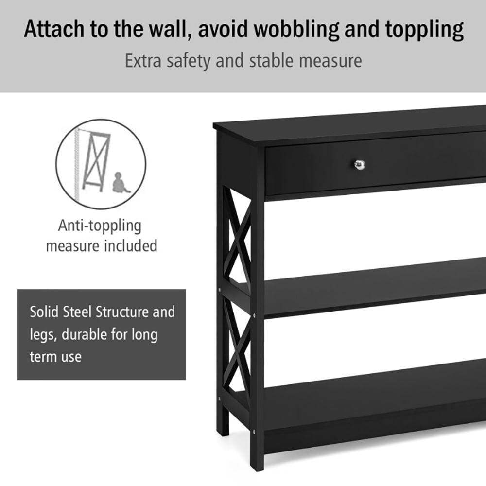Attach to the wall, avoid wobbling and toppling  
Extra safety and stable measure  

Anti-toppling measure included  

Solid Steel Structure and legs, durable for long term use