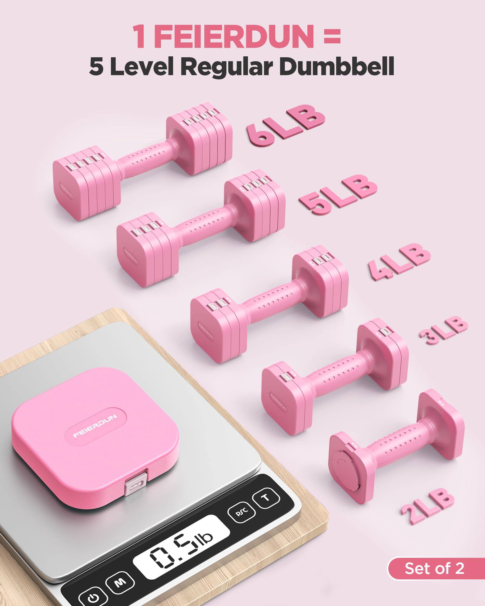 1 FEIERDUN = 5 Level Regular Dumbbell  
6LB 5LB 4LB 3LB 2LB  
Set of 2