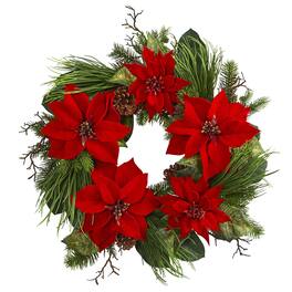 BreeBe - 28” Poinsettia and Pine Wreath - Green