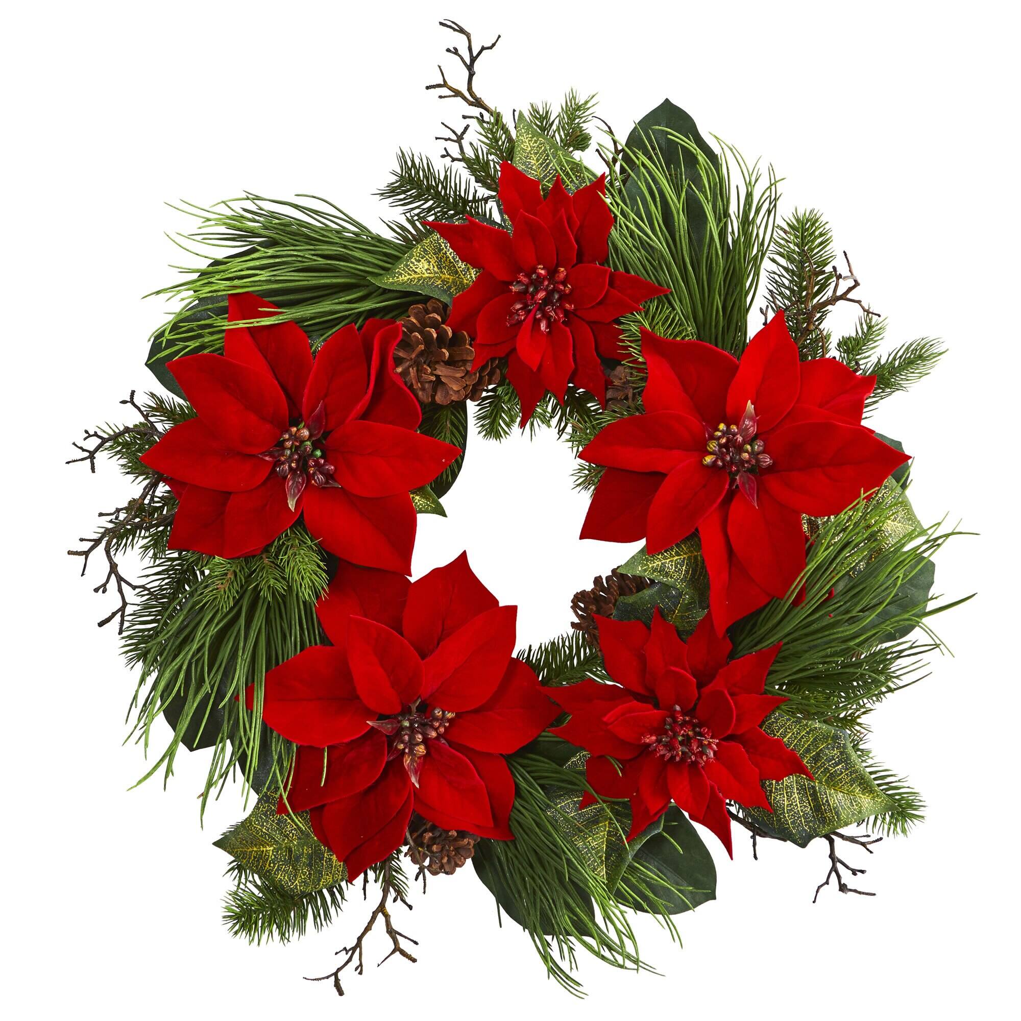 Front. BreeBe - 28” Poinsettia and Pine Wreath - Green.