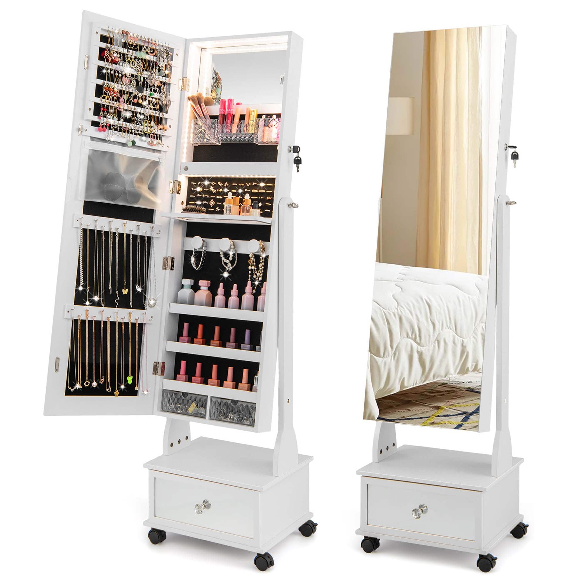 Front. Costway - Jewelry Cabinet Armoire Full-Length Mirror Lockable with 3-Color LED Lights White - White.