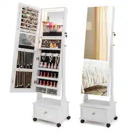 Costway - Jewelry Cabinet Armoire Full-Length Mirror Lockable with 3-Color LED Lights - White
