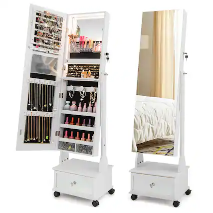 Front. Costway - Jewelry Cabinet Armoire Full-Length Mirror Lockable with 3-Color LED Lights White - White.