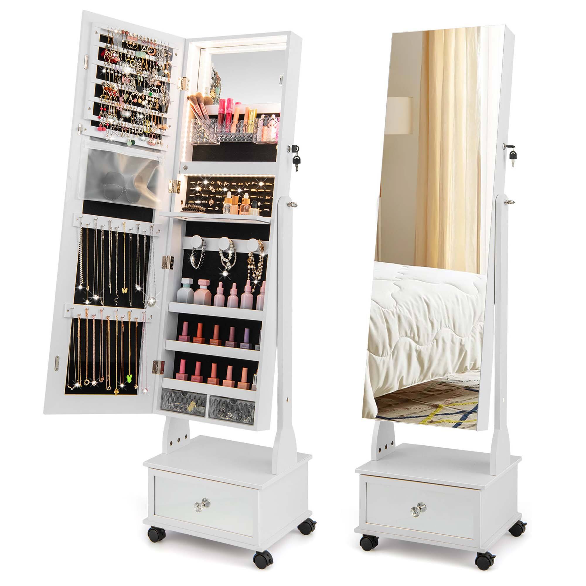 Costway - Jewelry Cabinet Armoire Full-Length Mirror Lockable with 3-Color LED Lights - White