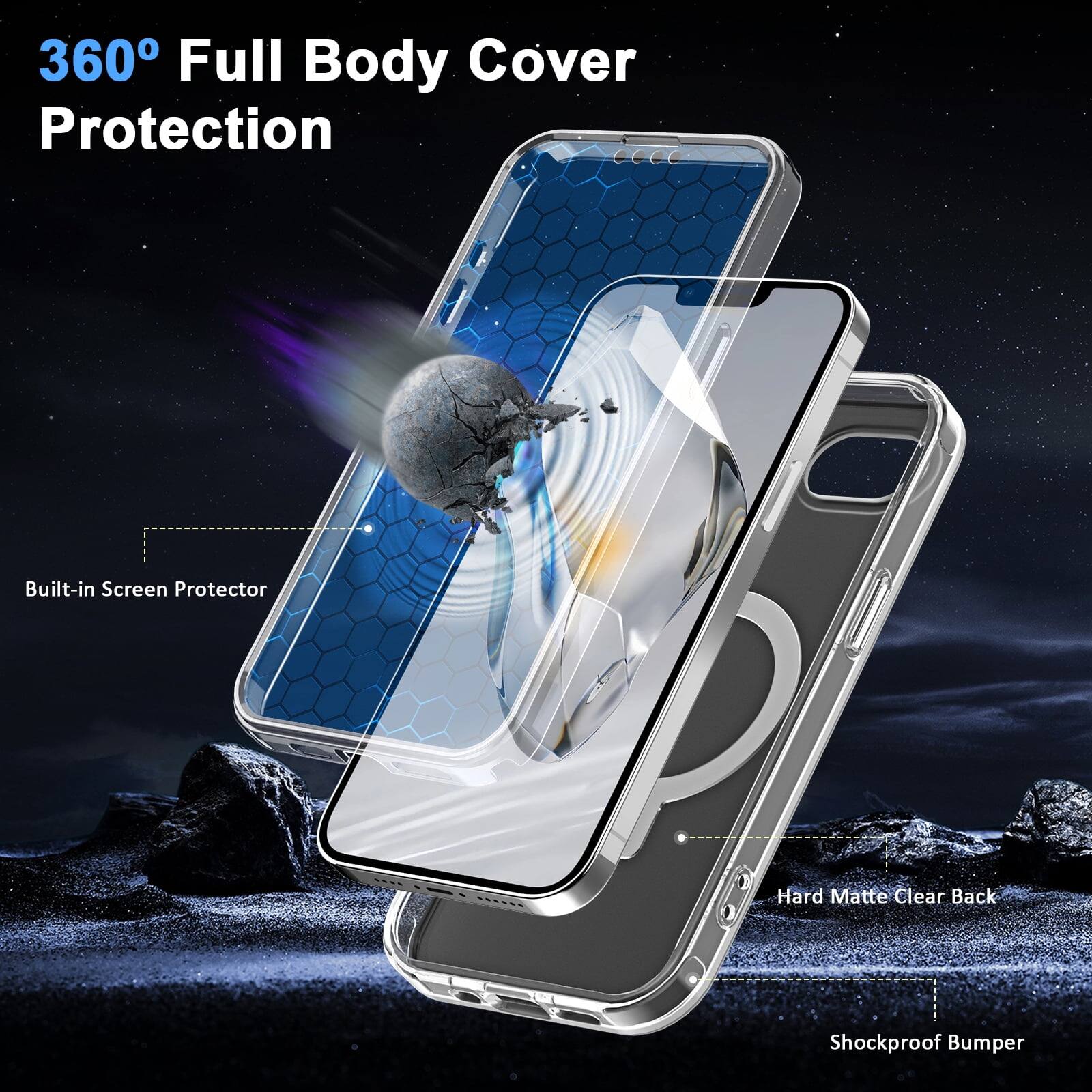 360° Full Body Cover Protection

- Built-in Screen Protector
- Hard Matte Clear Back
- Shockproof Bumper