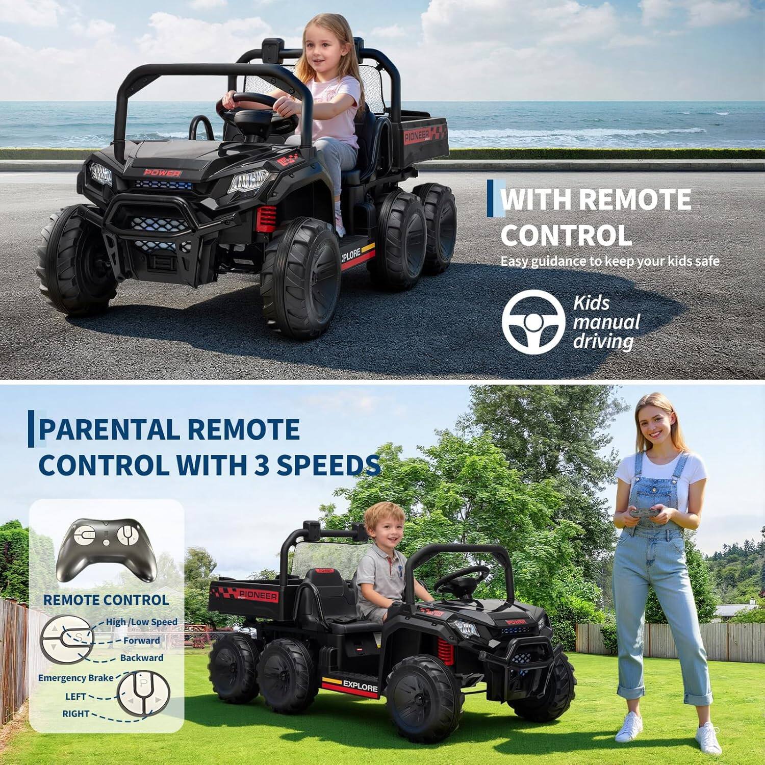 **WITH REMOTE CONTROL**  
Easy guidance to keep your kids safe  
Kids manual driving

**PARENTAL REMOTE CONTROL WITH 3 SPEEDS**  
REMOTE CONTROL  
- High / Low Speed  
- Forward  
- Backward  
Emergency Brake  
LEFT  
RIGHT