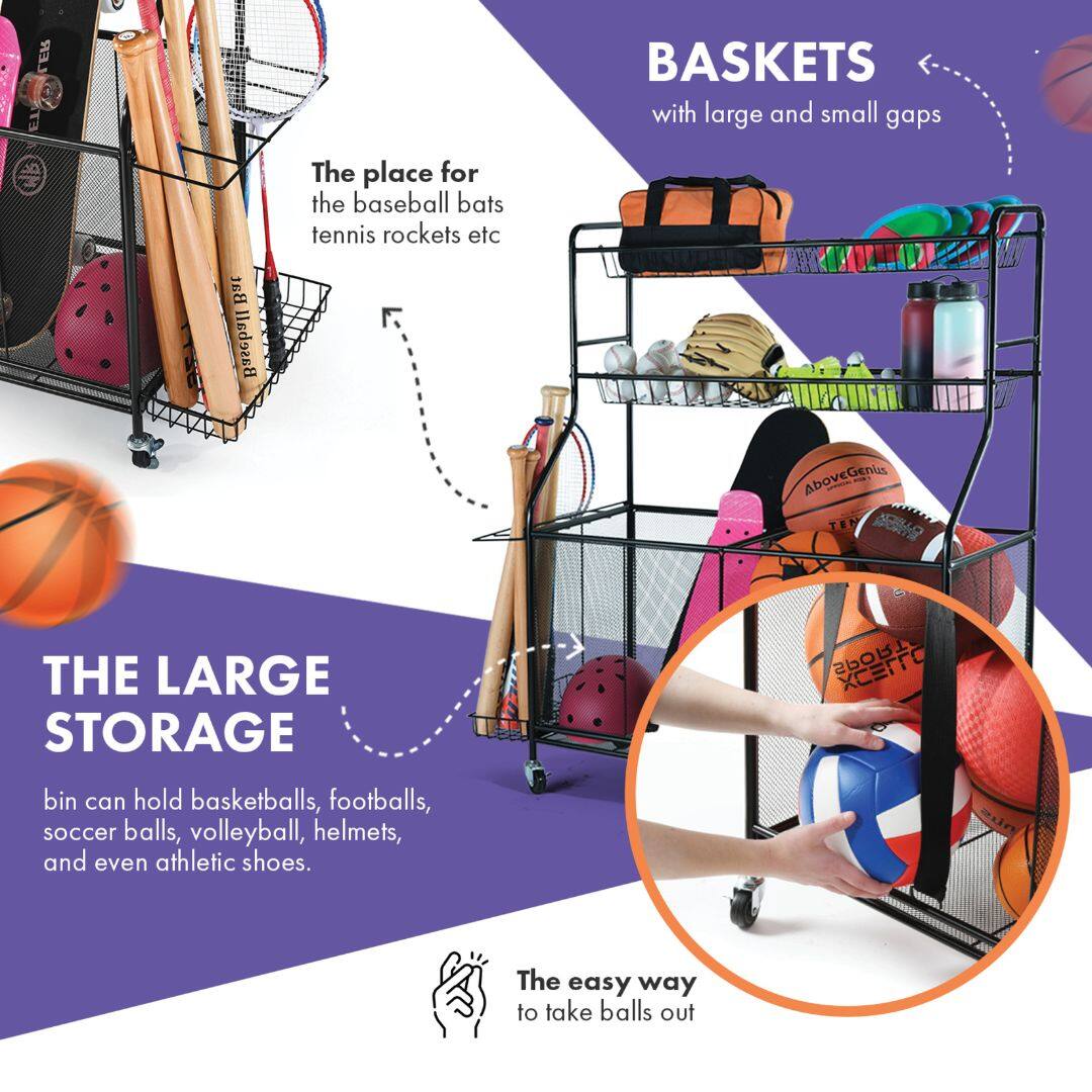 - BASKETS with large and small gaps
- The place for the baseball bats tennis rockets etc
- THE LARGE STORAGE bin can hold basketballs, footballs, soccer balls, volleyball, helmets, and even athletic shoes.
- The easy way to take balls out