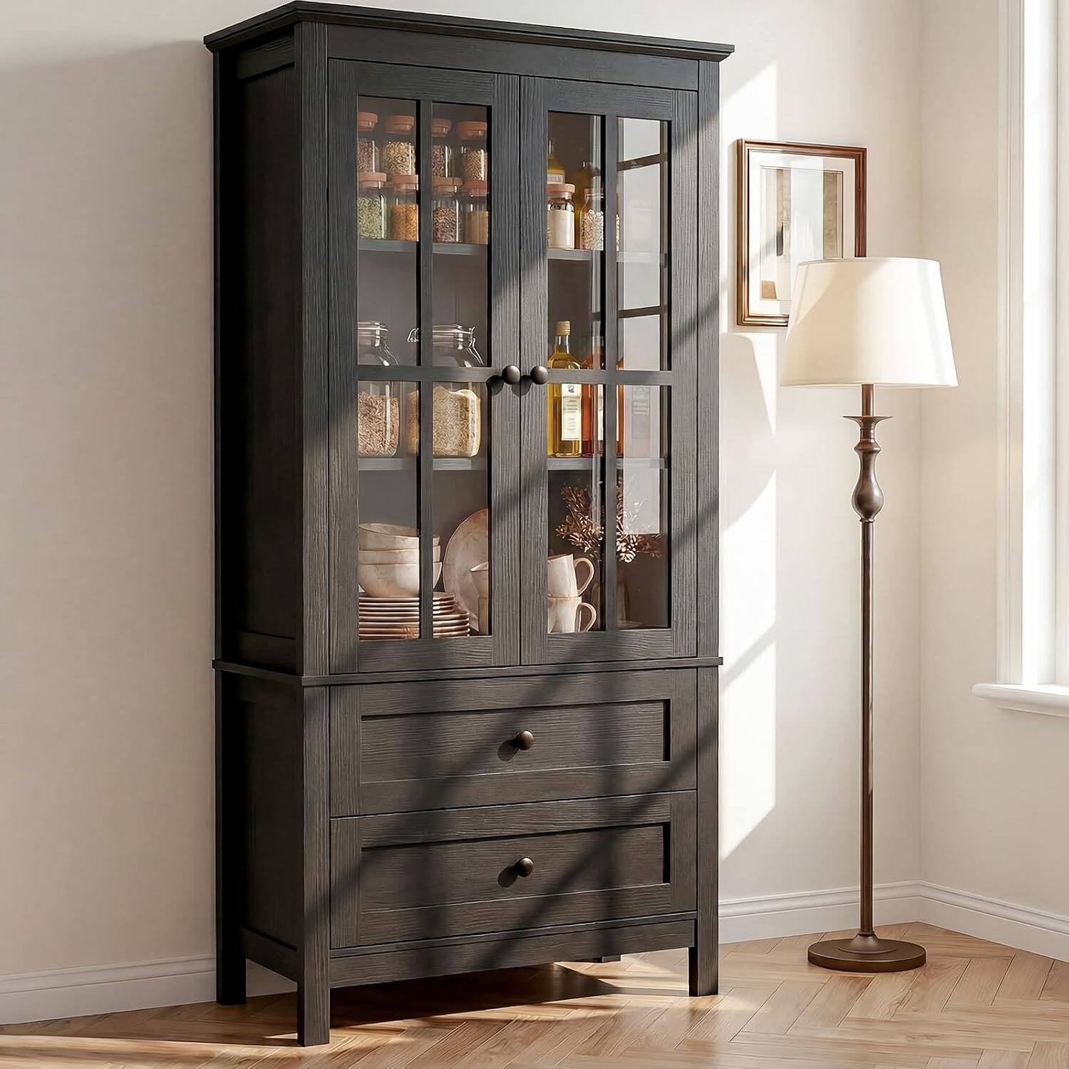 Alt View 2. Aheaplus - 63'' Tall Farmhouse Bookcase with 2 Drawers, Glass Doors, and Adjustable Shelf - Black.