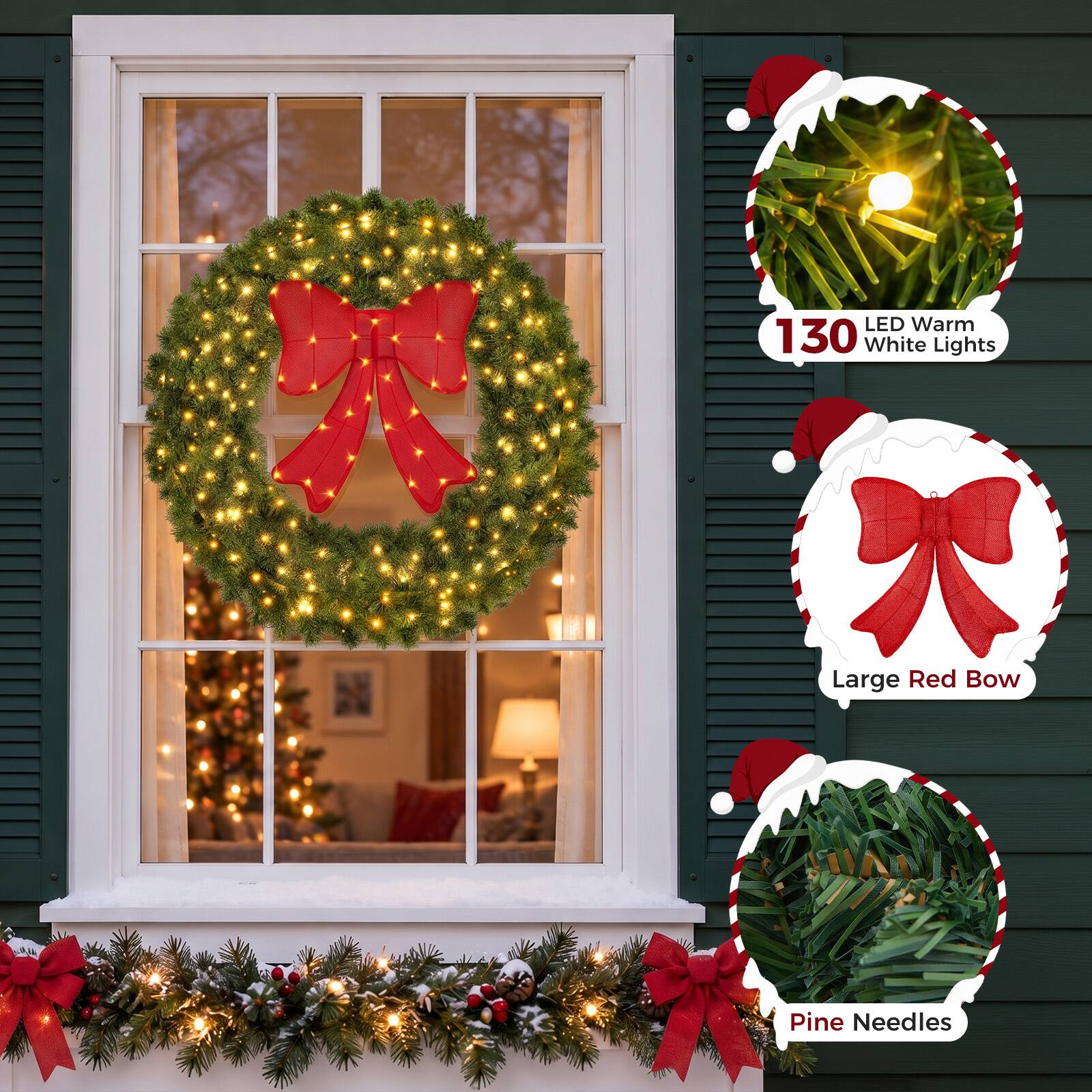 Sweetcrispy 30in Pre Lit Christmas Wreath, Lighted Artificial Holiday ...