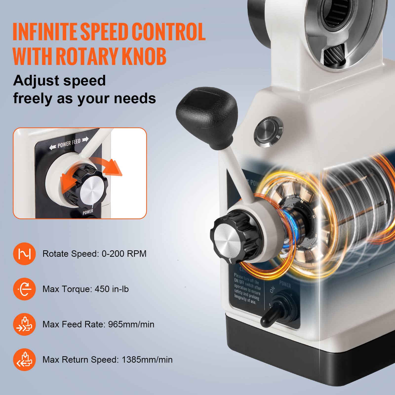 INFINITE SPEED CONTROL WITH ROTARY KNOB  
Adjust speed freely as your needs  

- Rotate Speed: 0-200 RPM  
- Max Torque: 450 in-lb  
- Max Feed Rate: 965mm/min  
- Max Return Speed: 1385mm/min  

Please turn off the power switch after the operation to ensure safety and extend the longevity of use.