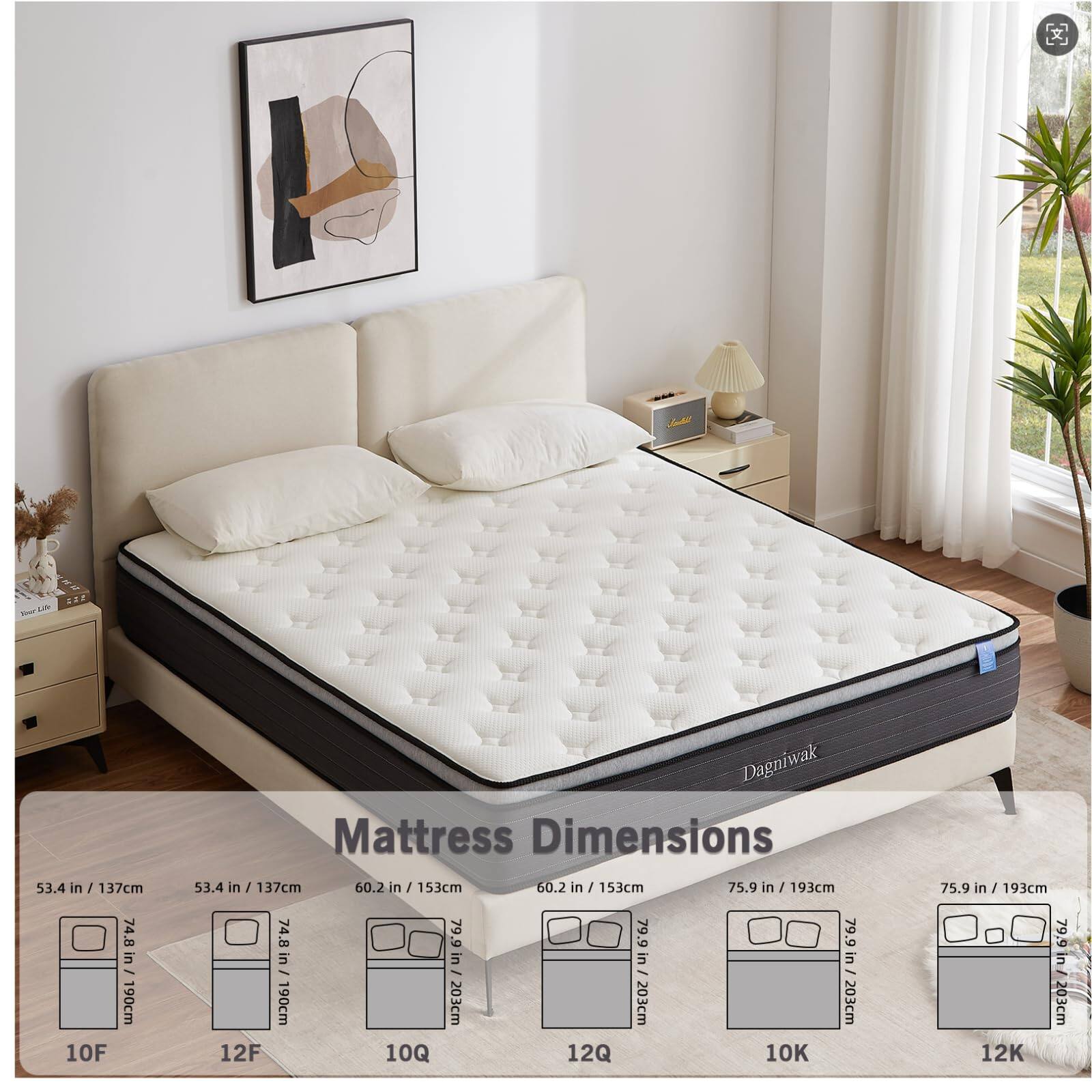 Sure, here are the corrected mattress dimensions:

- **10F**: 53.4 in / 137cm x 74.8 in / 190cm
- **12F**: 53.4 in / 137cm x 74.8 in / 190cm
- **10Q**: 60.2 in / 153cm x 79.9 in / 203cm
- **12Q**: 60.2 in / 153cm x 79.9 in / 203cm
- **10K**: 75.9 in / 193cm x 79.9 in / 203cm
- **12K**: 75.9 in / 193cm x 79.9 in / 203cm