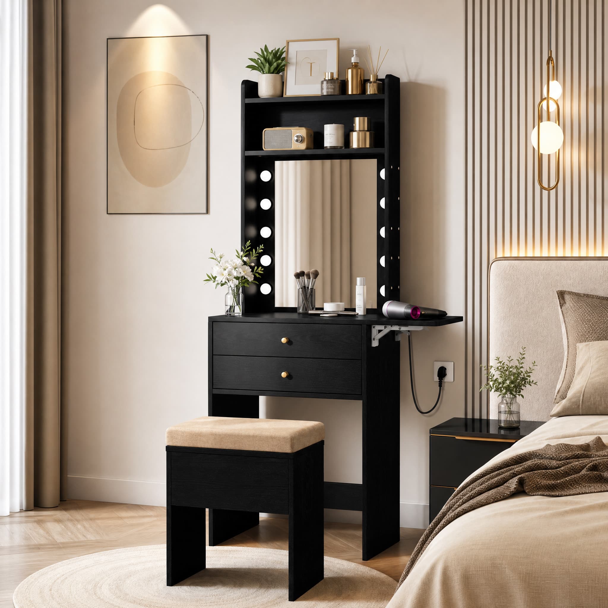 WELLFOR - Compact Makeup Vanity Desk Set with 3‑Color Lighted Hollywood Mirror, Charging Station,Storage Drawers & Stool - Black
