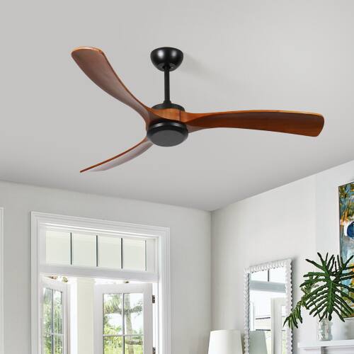 Alt View 3. LUCKY ONE - 72" Low Profile Ceiling Fan No Light Remote 6-Speed Wood Blades - Black,Natural Wood.