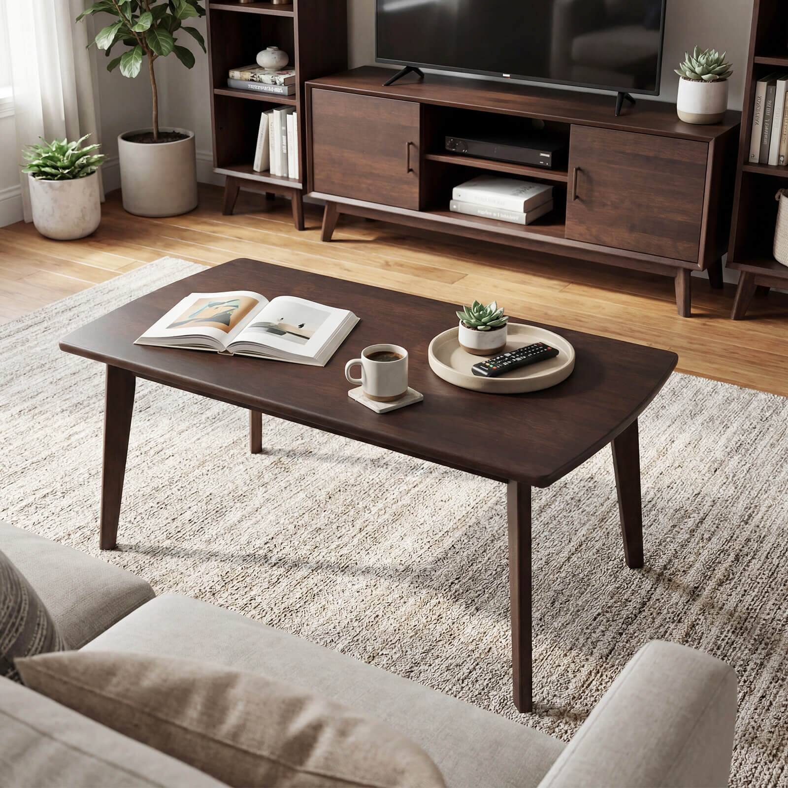 Alt View 5. Costway - Costway 34.5" Solid Wood Coffee Table with Tapered Legs, Low Cocktail Table for Home Office - Walnut.