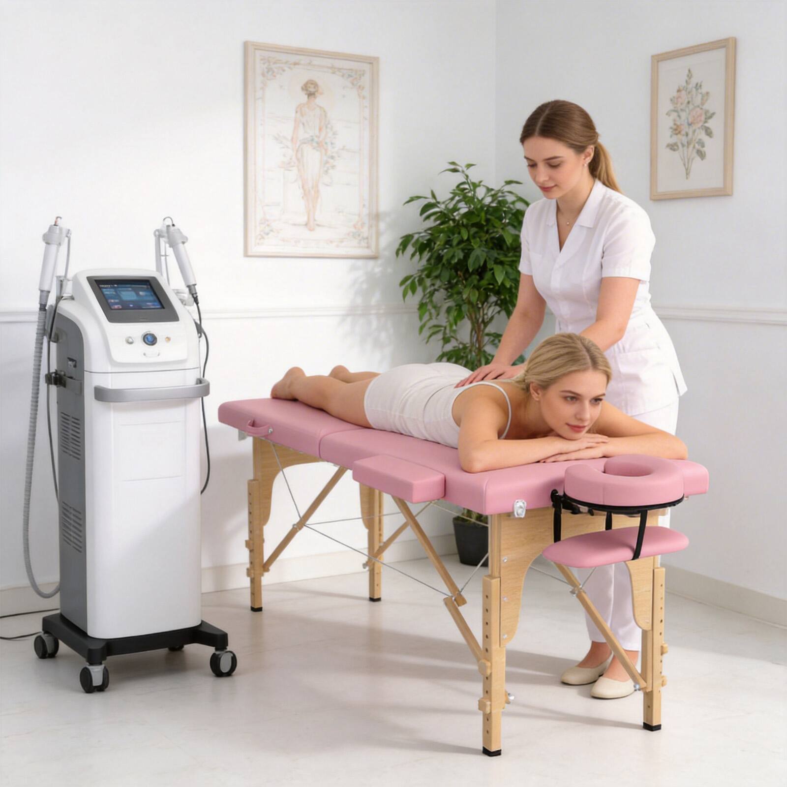 Back. Winado - Portable Foldable Massage Table, 2-Fold Professional Massage Bed w/ Wooden Legs, Adjustable Height, Headrest, Carry Case - Pink.