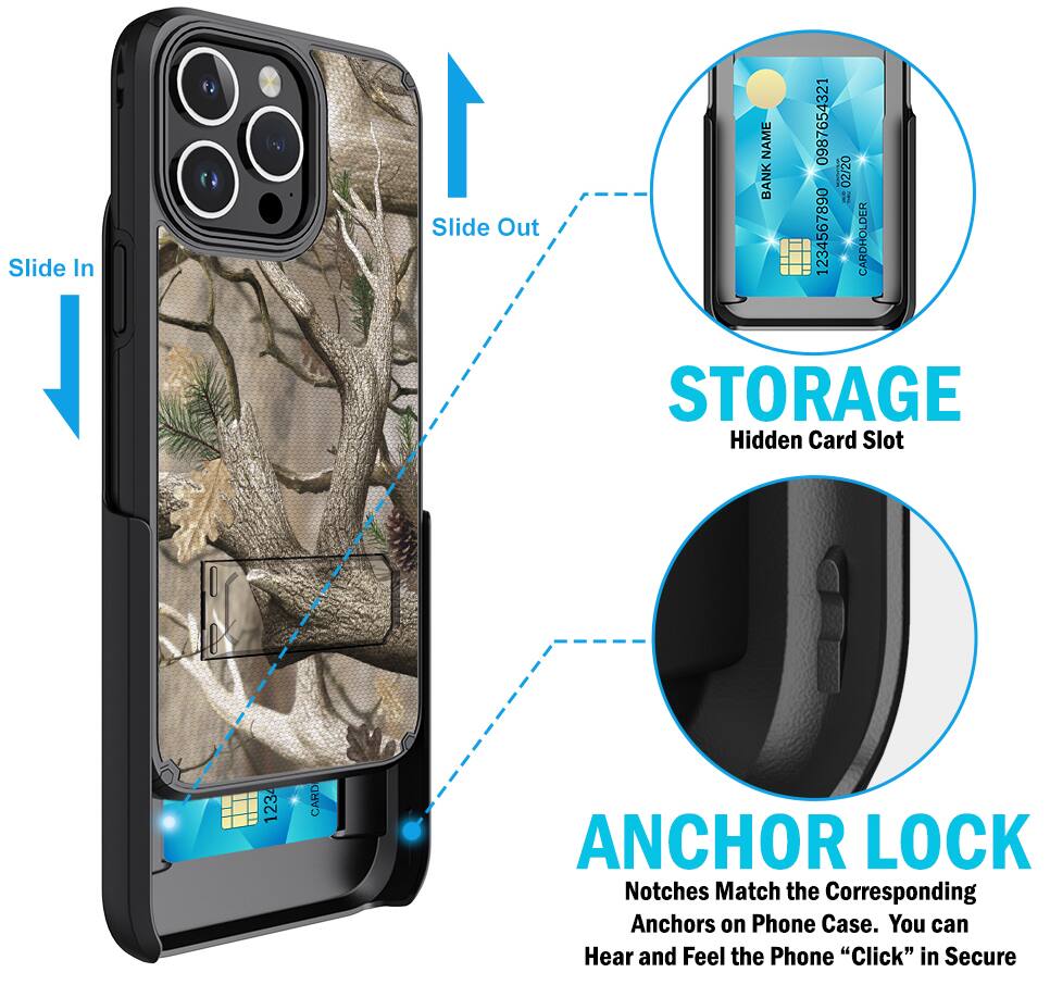 Slide In 1 Slide Out

NAME BANK 0987654321 02/20

i 1234567890

CARDHOLDER

STORAGE Hidden Card Slot

123 CARD

ANCHOR LOCK

Notches Match the Corresponding Anchors on Phone Case. You can Hear and Feel the Phone "Click" in Secure