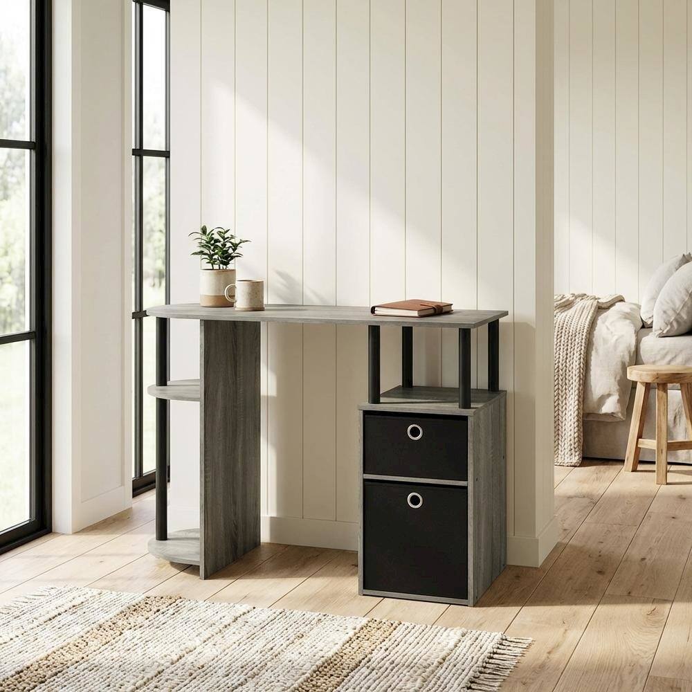 Left. BisonOffice - French Oak Grey/Black Study Desk with Bin Drawers for Home Office - French Oak Grey/Black.