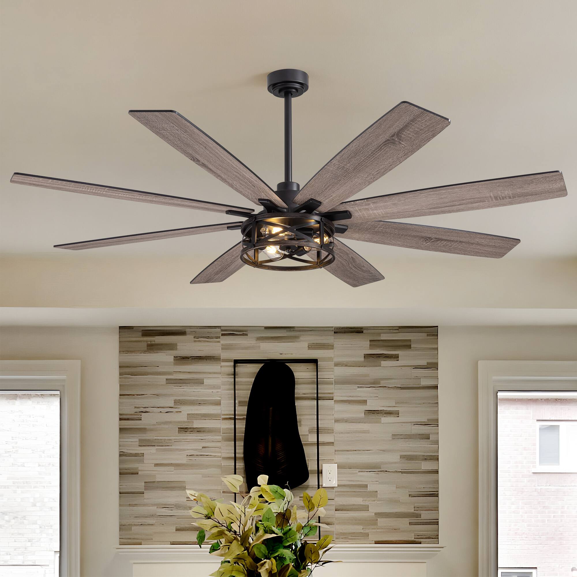 Front. Siljoy - 72-Inch Industrial Caged Ceiling Fan with Light - 8 Weathered Gray Blades, Reversible Motor & Adjustable Downrod Mount.