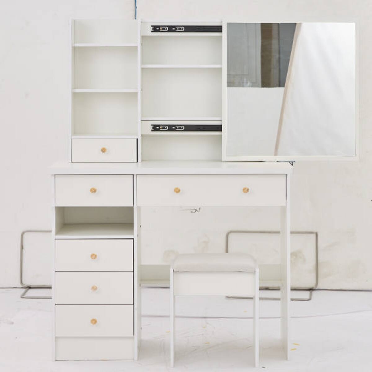 Alt View 4. Loheer - Loheer 37 inch makeup vanity table with sliding mirror and cushioned stool - White.