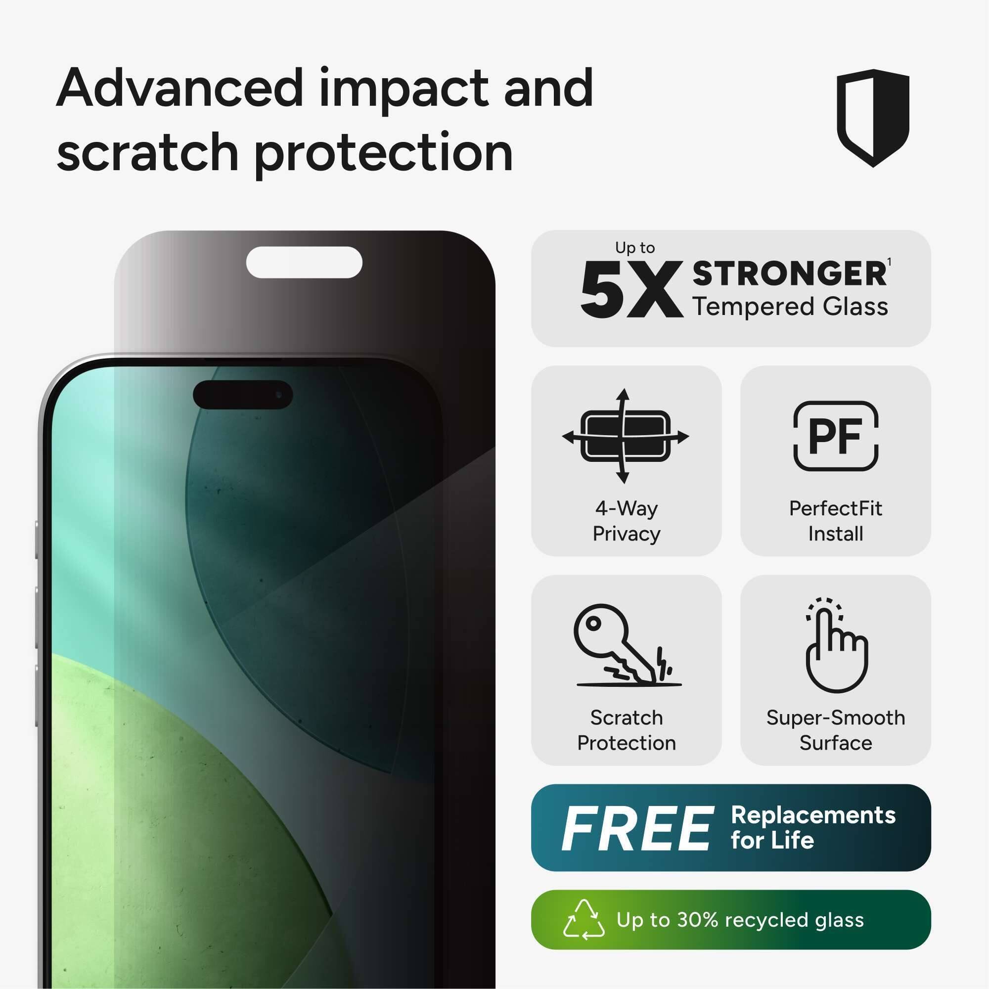 Advanced impact and scratch protection

Up to 5X STRONGER Tempered Glass

4-Way Privacy

PerfectFit Install

Scratch Protection

Super-Smooth Surface

FREE Replacements for Life

Up to 30% recycled glass