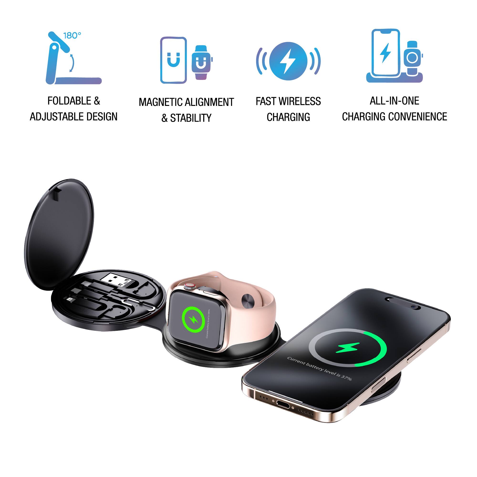 180° FOLDABLE & ADJUSTABLE DESIGN  
MAGNETIC ALIGNMENT & STABILITY  
FAST WIRELESS CHARGING  
ALL-IN-ONE CHARGING CONVENIENCE  

Current battery level is 17%