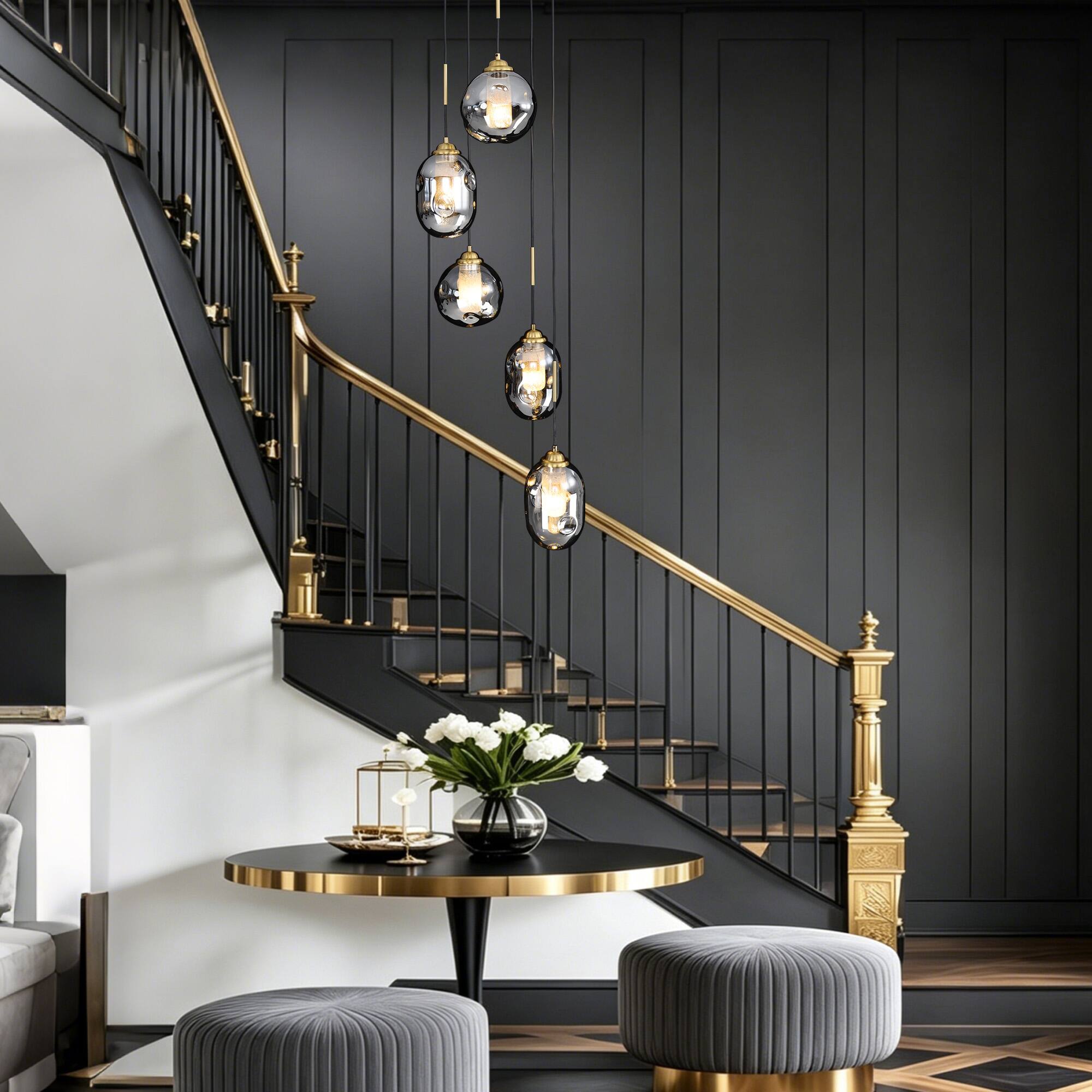 Alt View 3. Siljoy - 5 Light Staircase Pendant Light Sand Black Antique Brass Smoked Gray Glass Shades Adjustable Height for Entryway Foyer - Black.
