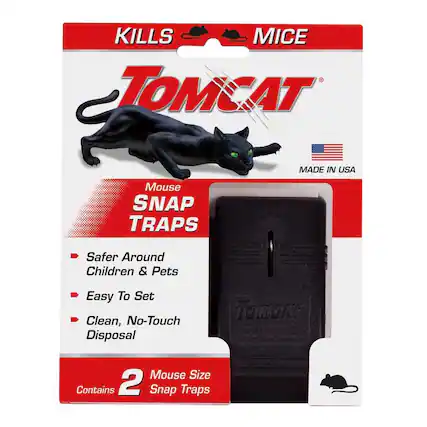 KILLS MICE
TOMCAT
MADE IN USA
Mouse SNAP TRAPS
Safer Around Children & Pets
Easy To Set
Clean, No-Touch Disposal
Contains 2 Mouse Size Snap Traps