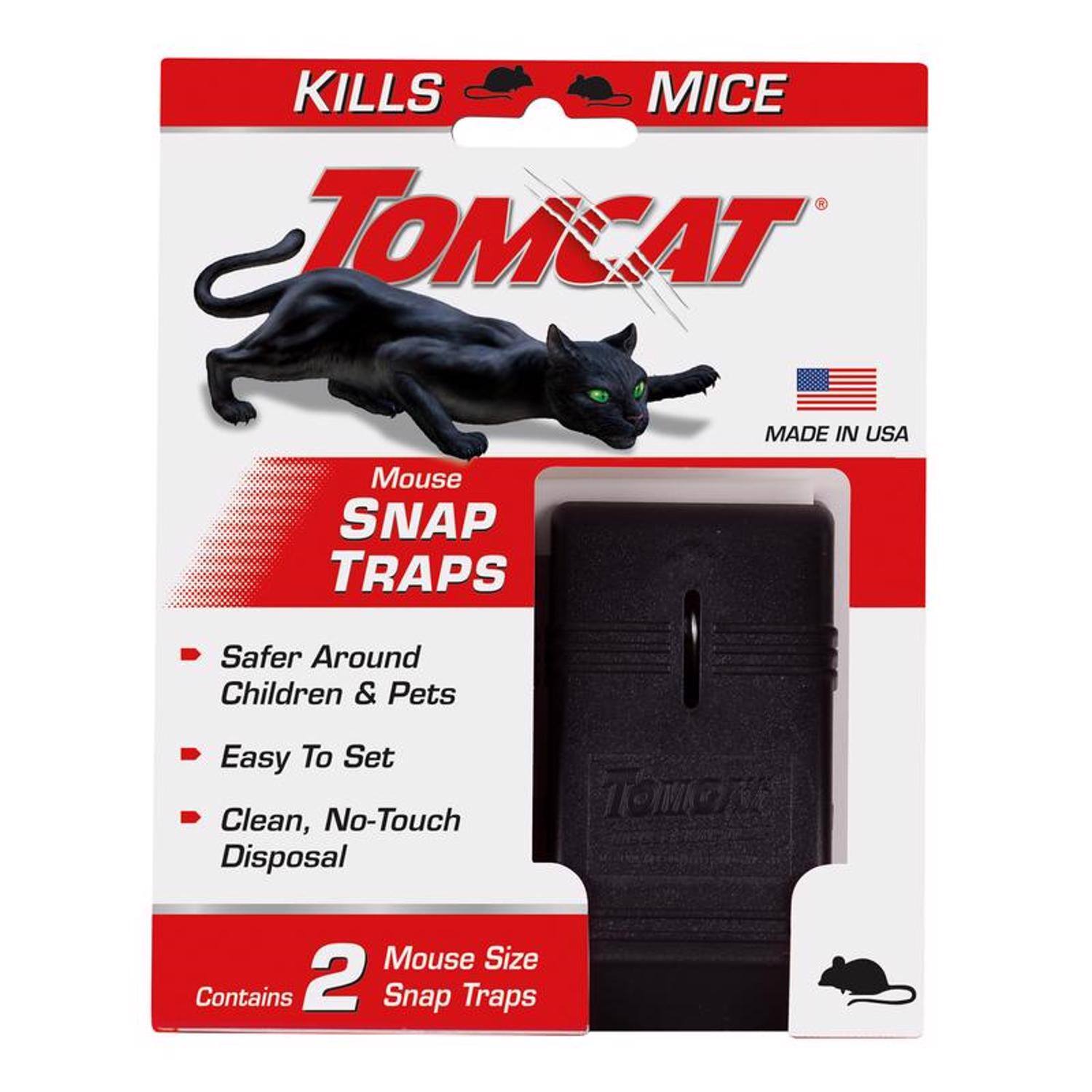 KILLS MICE  
TOMCAT  
MADE IN USA  
Mouse SNAP TRAPS  
Safer Around Children & Pets  
Easy To Set  
Clean, No-Touch Disposal  
Contains 2 Mouse Size Snap Traps