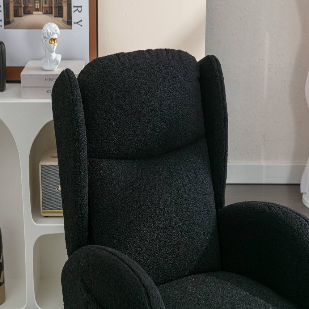 Back. Loheer - Loheer Black Teddy Fabric Nursery Rocking Chair with Wingback, Solid Wood Base Leisure Rocker, High Backrest - Black.