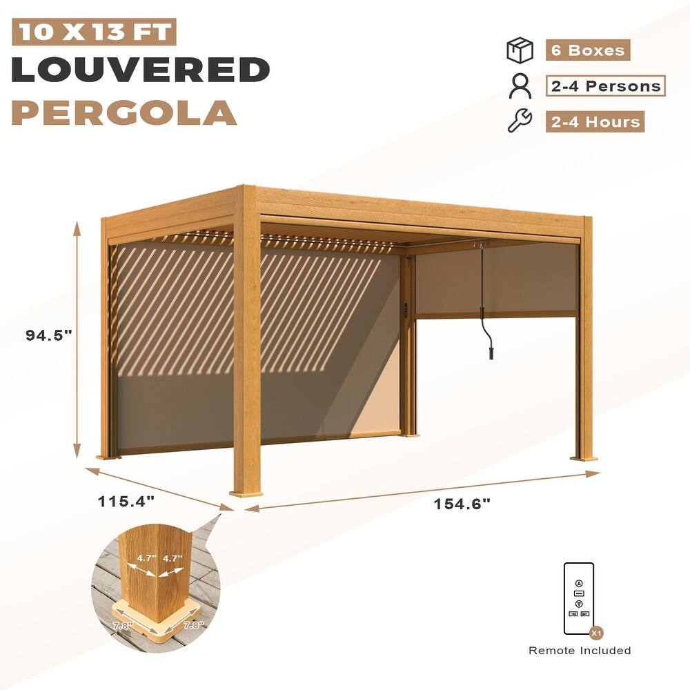 10 X 13 FT LOUVERED PERGOLA

6 Boxes
2-4 Persons
2-4 Hours

94.5"
115.4"
154.6"

4.7" x 4.7"
7.9" x 7.9"

Remote Included