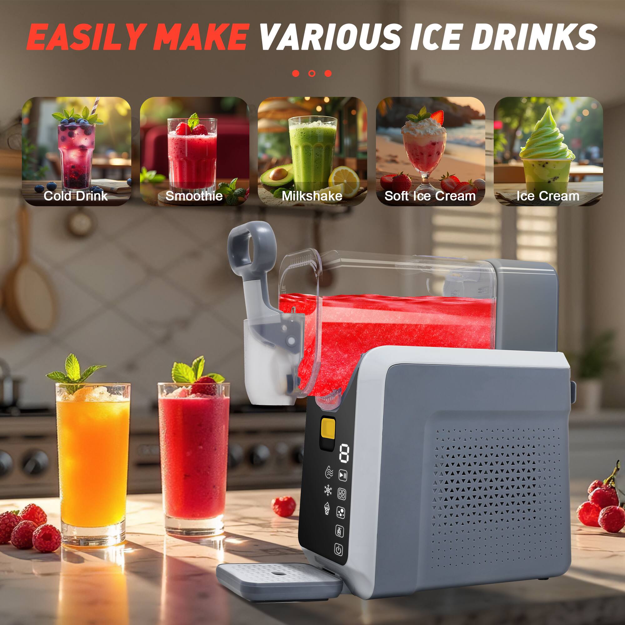 EASILY MAKE VARIOUS ICE DRINKS

- Cold Drink
- Smoothie
- Milkshake
- Soft Ice Cream
- Ice Cream