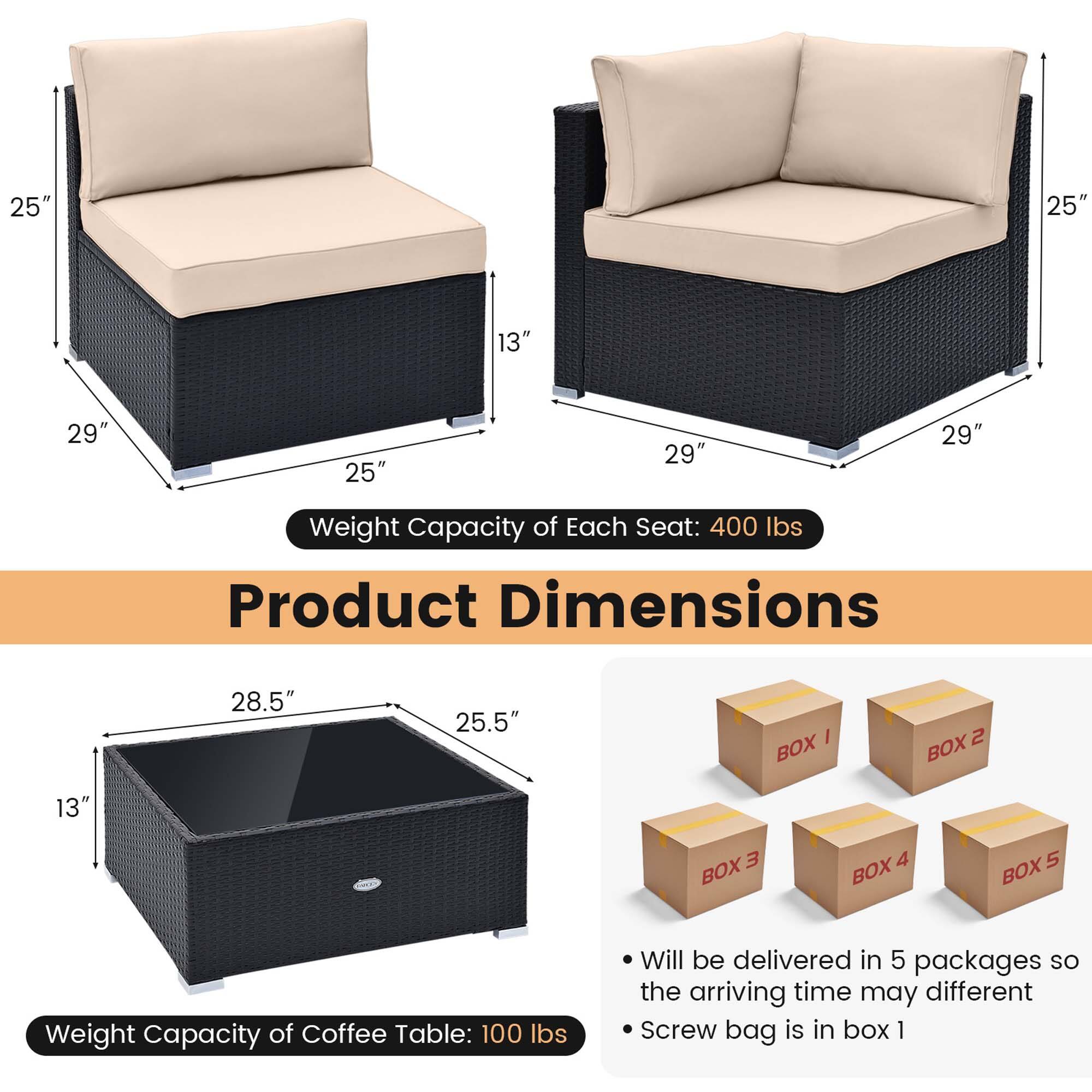 Sure, here is the corrected and grouped text from the image:

---

**Product Dimensions**

- **Weight Capacity of Each Seat:** 400 lbs
  - 25" (height)
  - 29" (width)
  - 25" (depth)
  - 13" (height of backrest)

- **Weight Capacity of Coffee Table:** 100 lbs
  - 28.5" (length)
  - 25.5" (width)
  - 13" (height)

- **Delivery Information:**
  - Will be delivered in 5 packages so the arriving time may differ
  - Screw bag is in box 1

---

**Boxes:**
- BOX 1
- BOX 2
- BOX 3
- BOX 4
- BOX 5

---